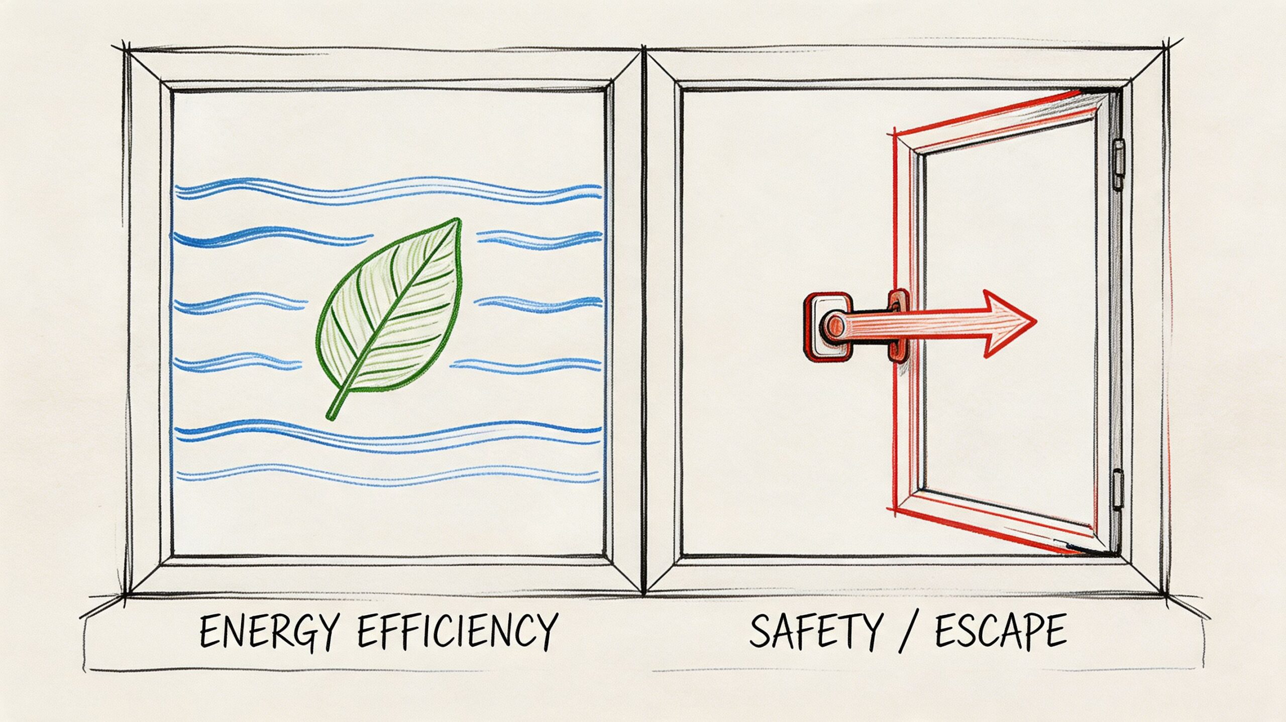 En illustration af et vindue, der viser både energieffektivitet med et blad og sikkerhedsudgang med en rød pil.