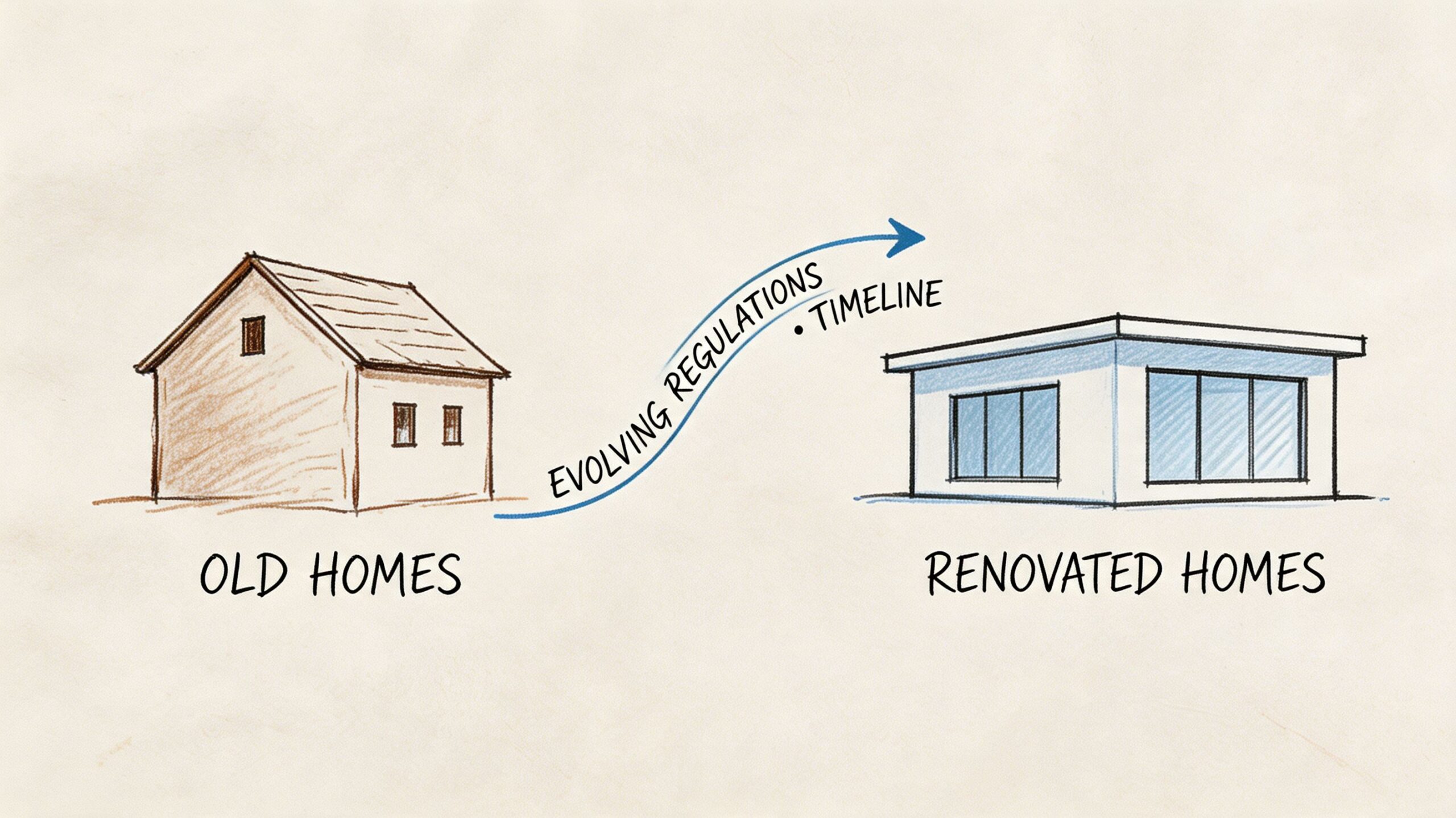 En illustration der viser overgangen fra ældre huse til moderne renoverede boliger gennem udviklende lovkrav og tidslinjer.