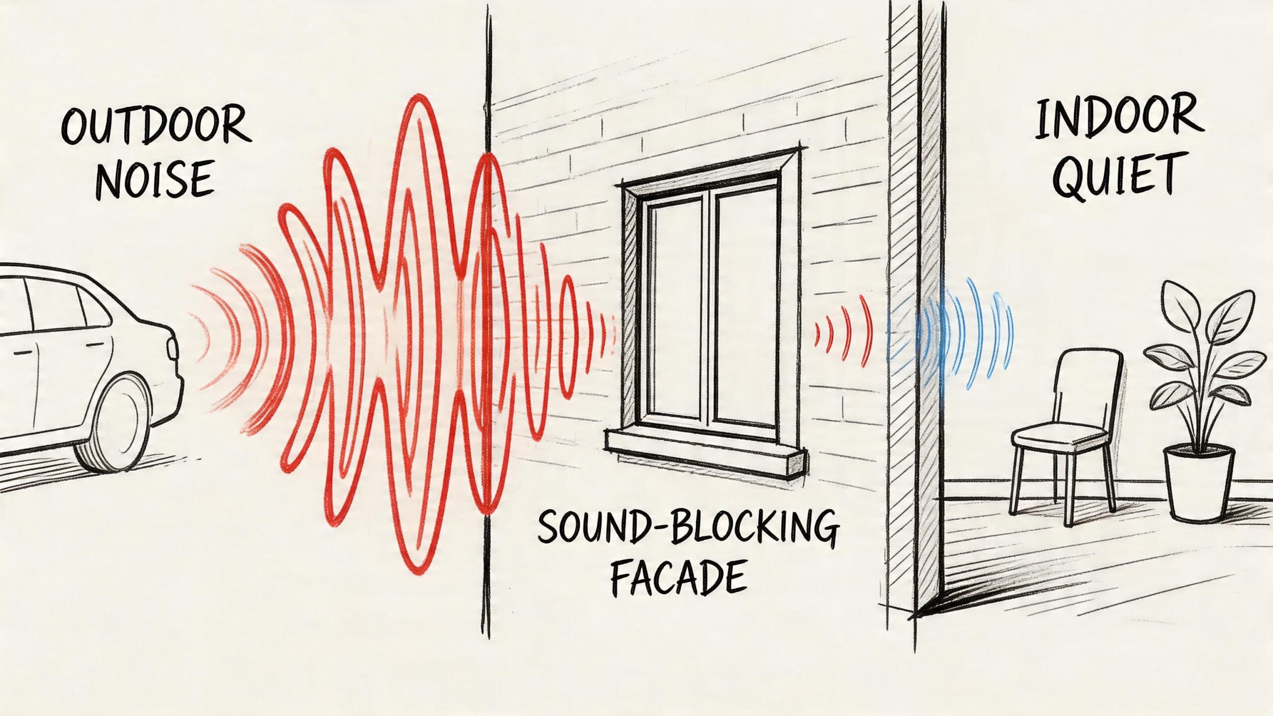 En illustration af en bygningsfacade, der effektivt blokerer udendørs støj fra en bil og skaber indendørs ro.
