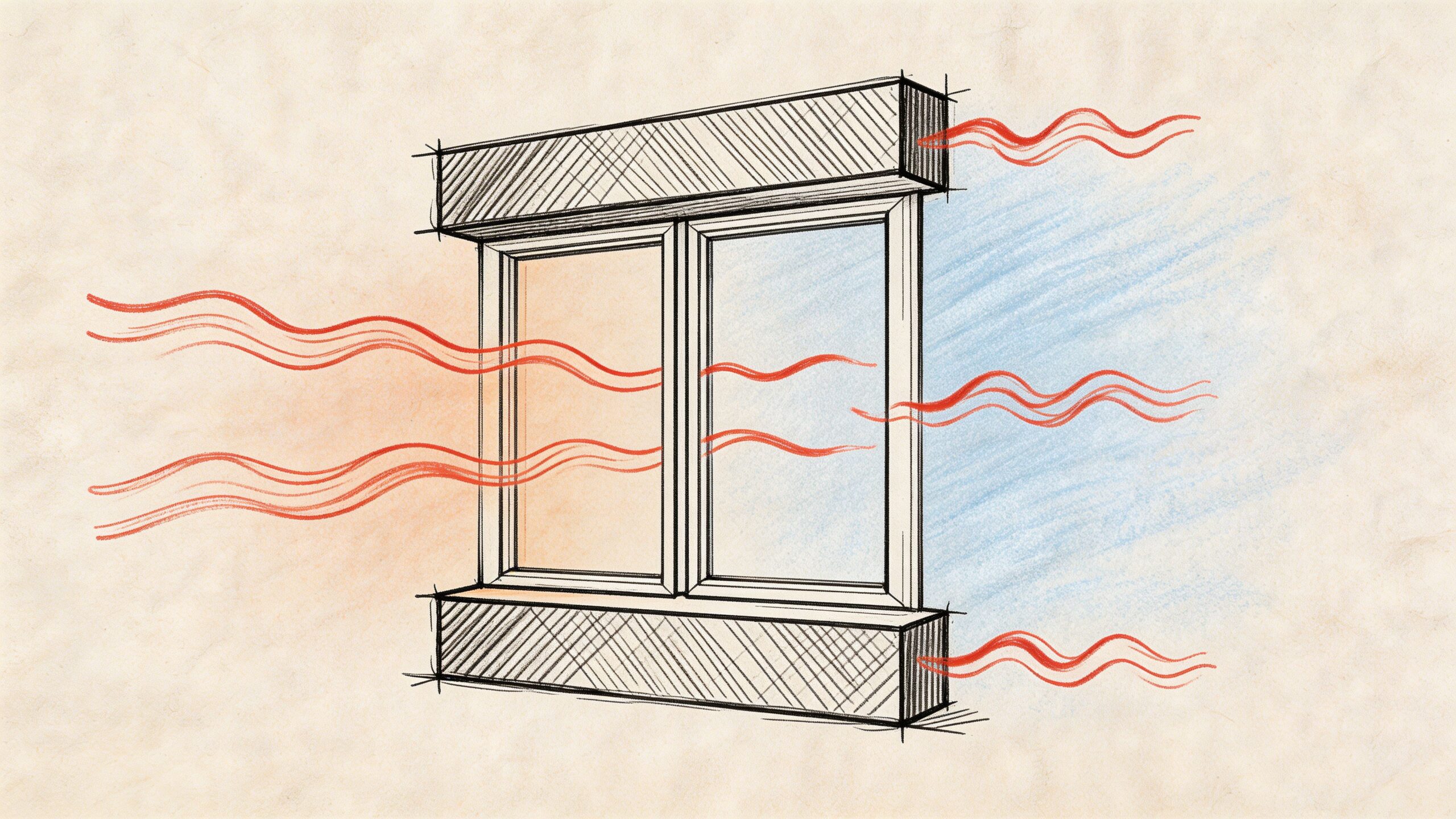 Illustration af et vindue med energibesparende tiltag, der viser varmeoverførsel og isolering i et moderne hjem.