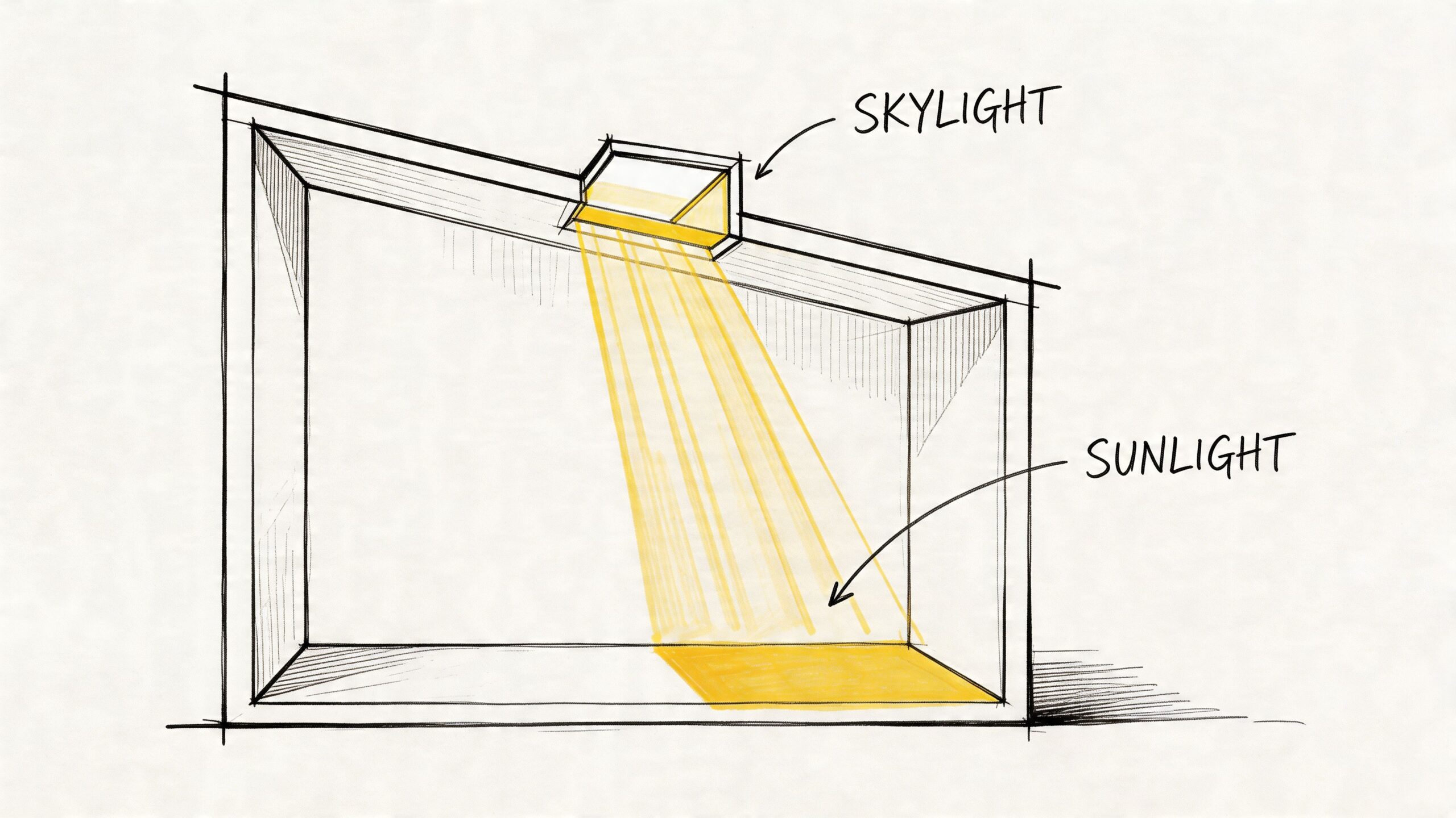Tegning af ovenlysvindue med skylight og sollys.