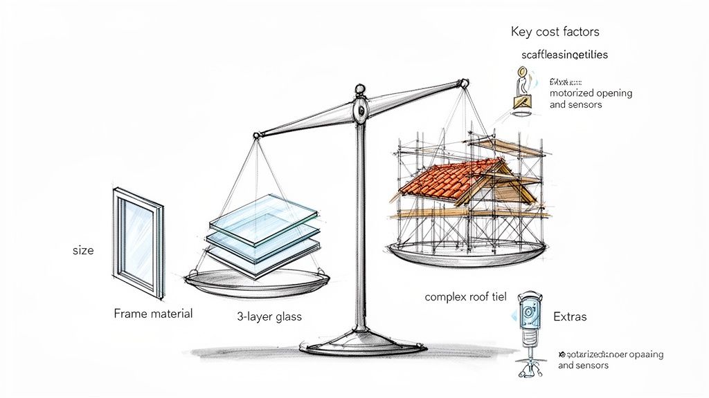 En vægt illustrerer omkostningsfaktorer for vinduer og tag, inklusiv glas, materialer, stillads og smartudstyr.