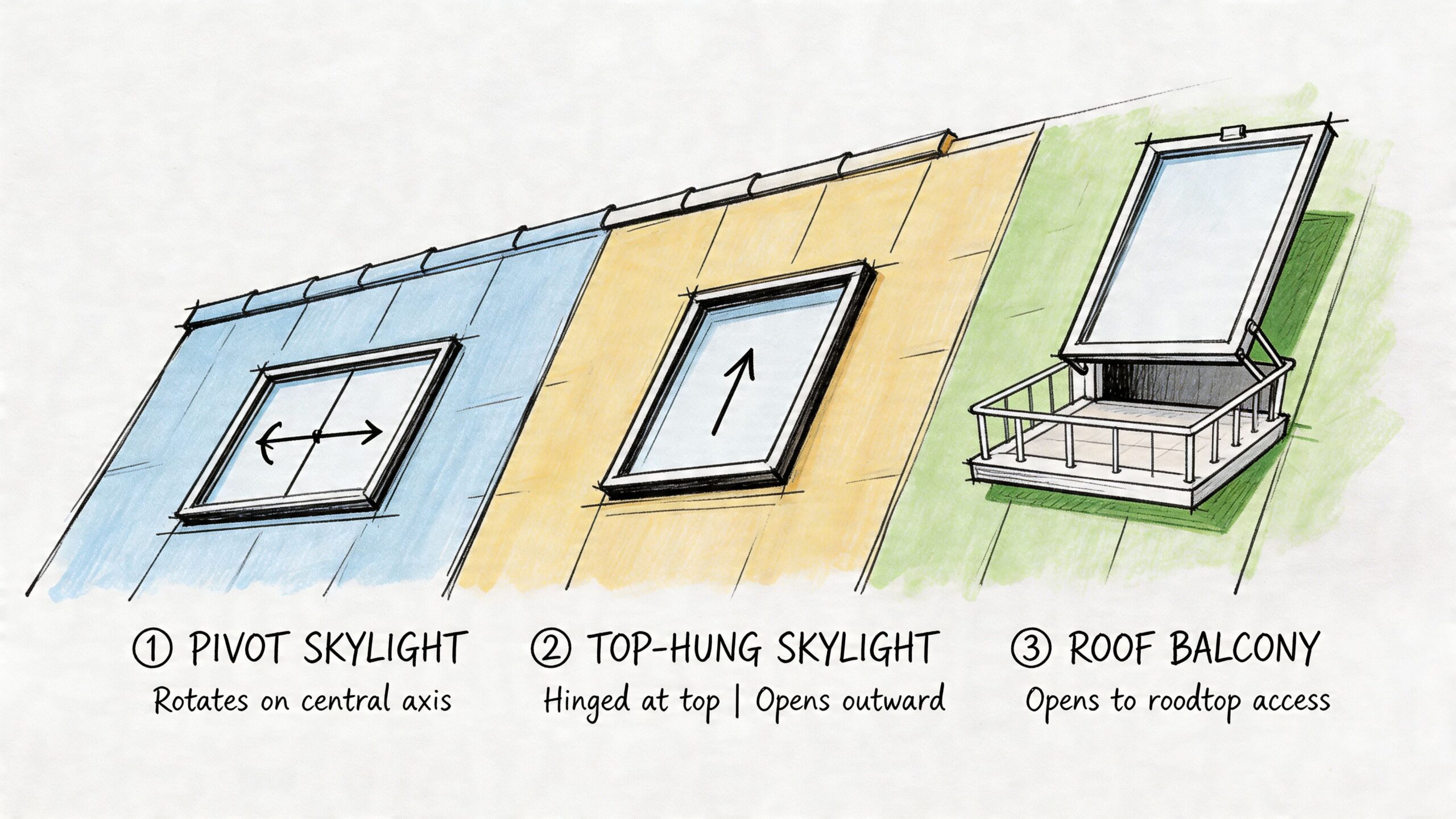 Illustration der viser tre typer ovenlysvinduer til skrå tage: drejevindue, tophængt vindue og en tagaltan.