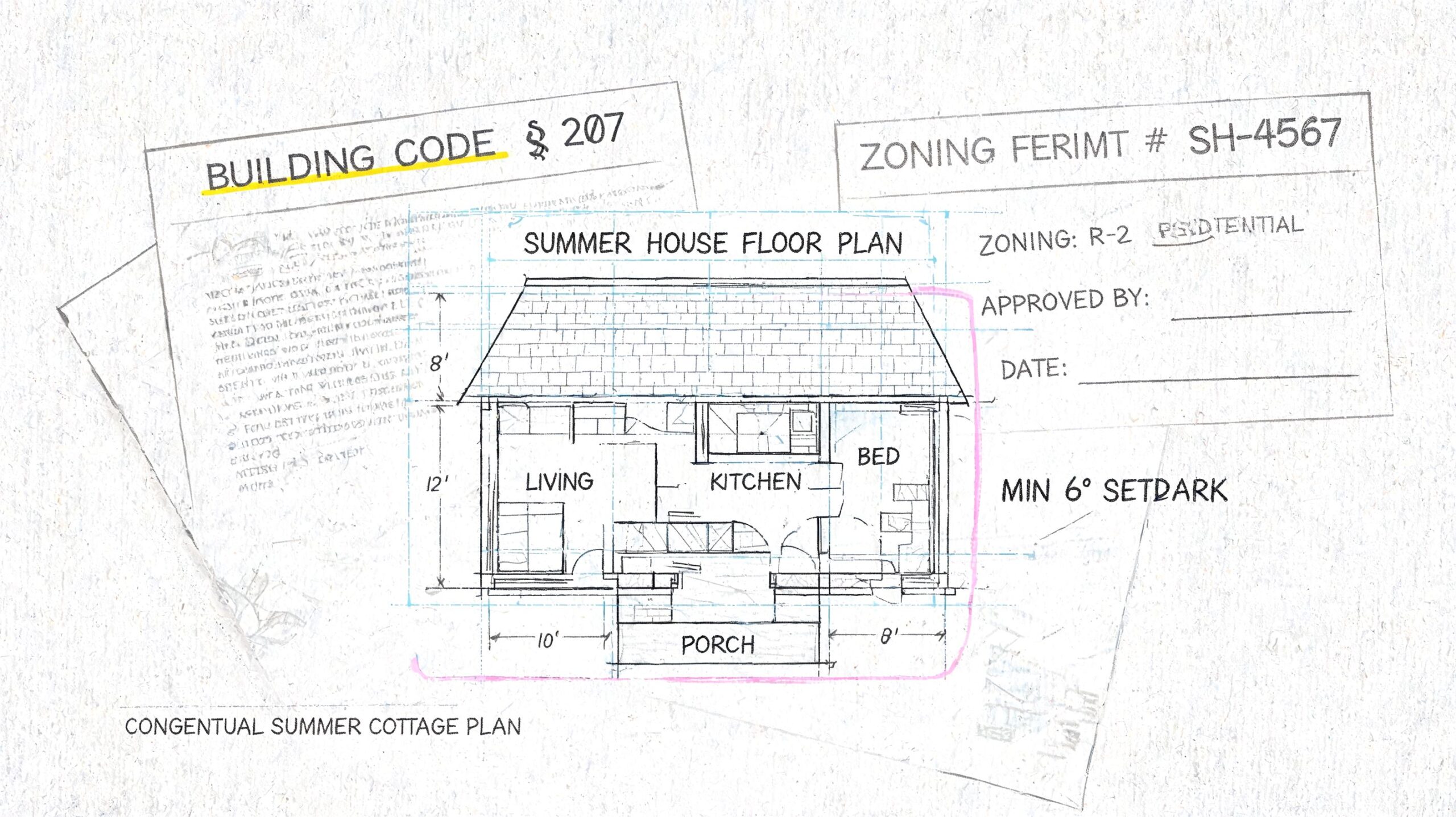 En detaljeret arkitekttegning af en tilbygning til et sommerhus, der viser plantegning, rum og mål.