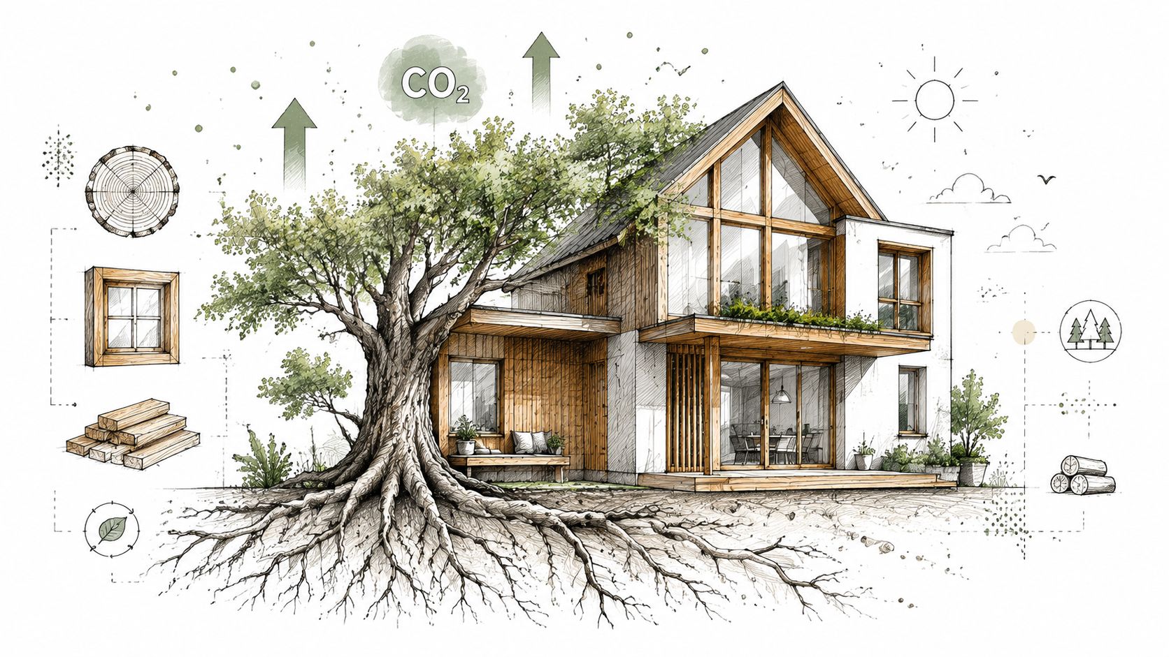 Illustration af et moderne, bæredygtigt træhus integreret med et stort træ, der symboliserer miljøvenlig arkitektur og naturlige byggematerialer.