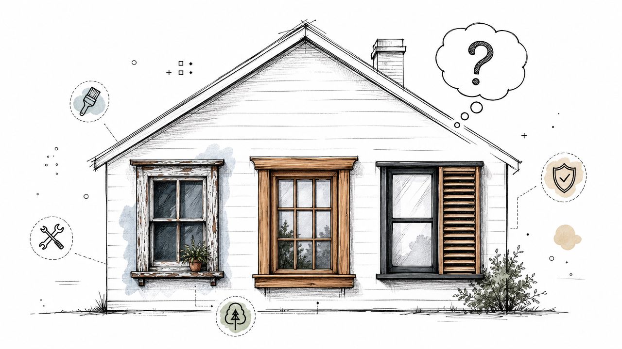 Illustration af et hus med tre forskellige vinduestyper, der symboliserer renovering, vedligeholdelse og valg af bæredygtige materialer.