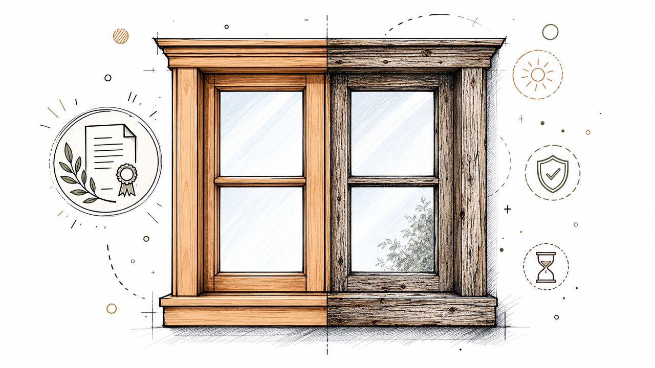 Illustration af et vindue med bæredygtigt træ, der viser forskellen mellem nyt og ældret træmateriale.