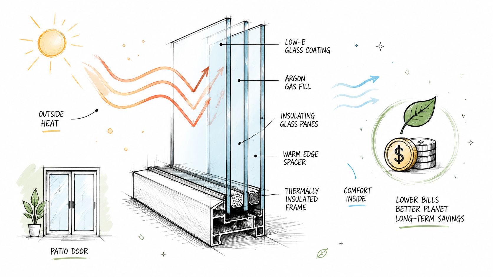 En teknisk illustration af en energieffektiv terrassedør med tre-lags glas og isolerende egenskaber til boligforbedring.