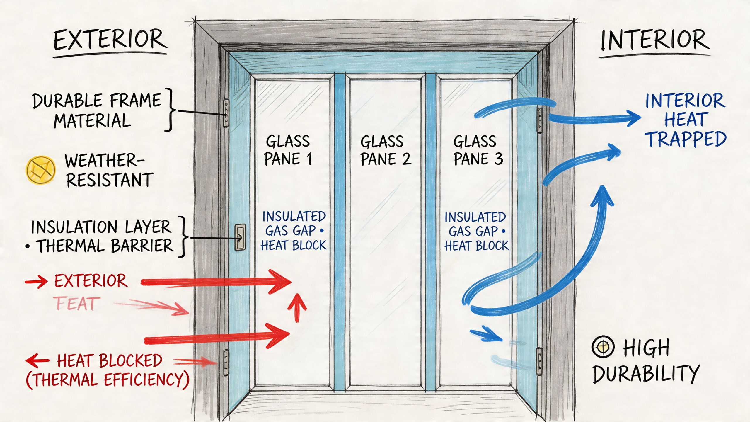 Illustration af energivenligt vinduesdesign med tre glaspaneler og isoleringslag.