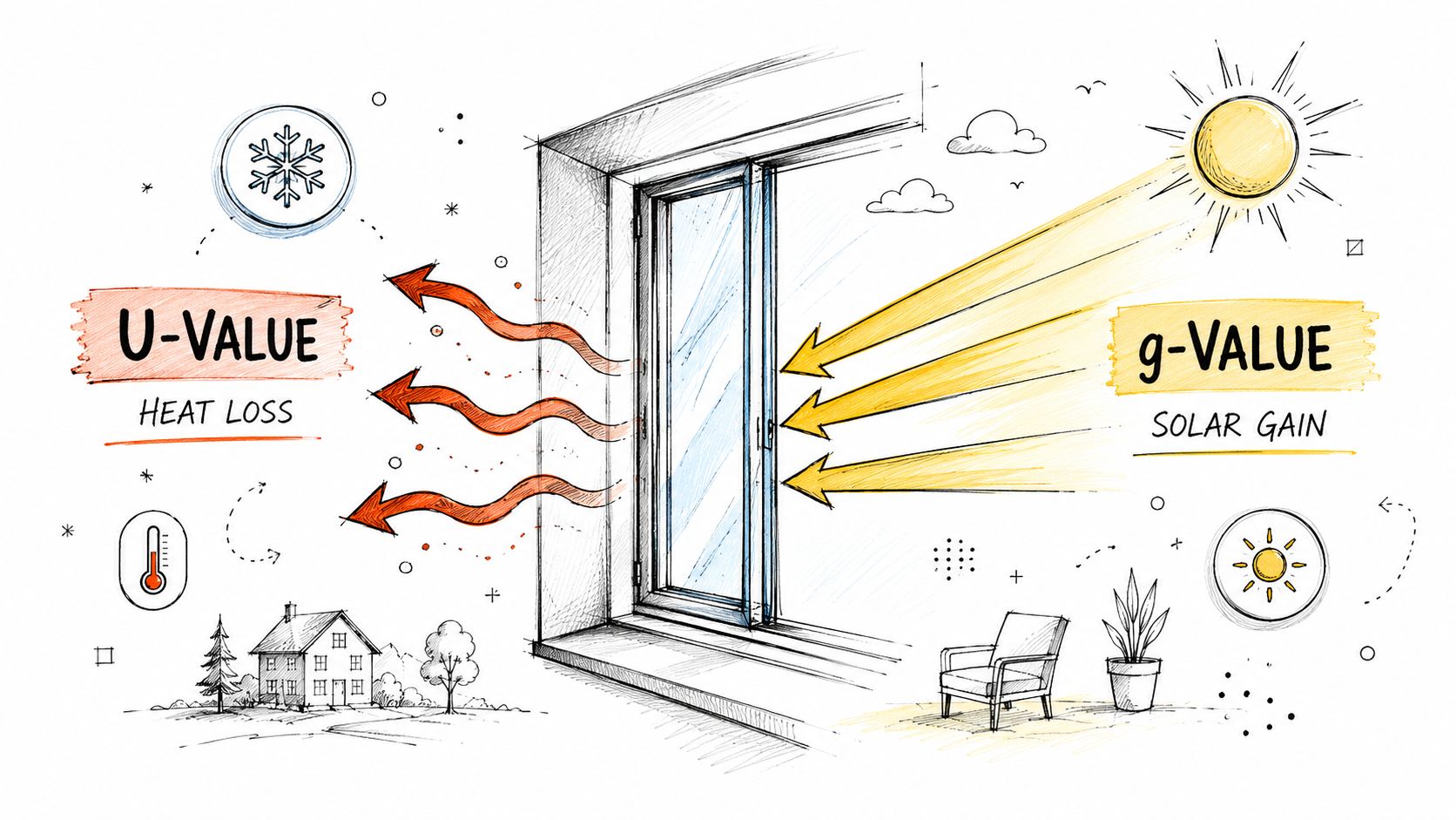 Illustration der viser forskellen på U-værdi for varmetab og g-værdi for solvarmeindfald gennem en termorude.