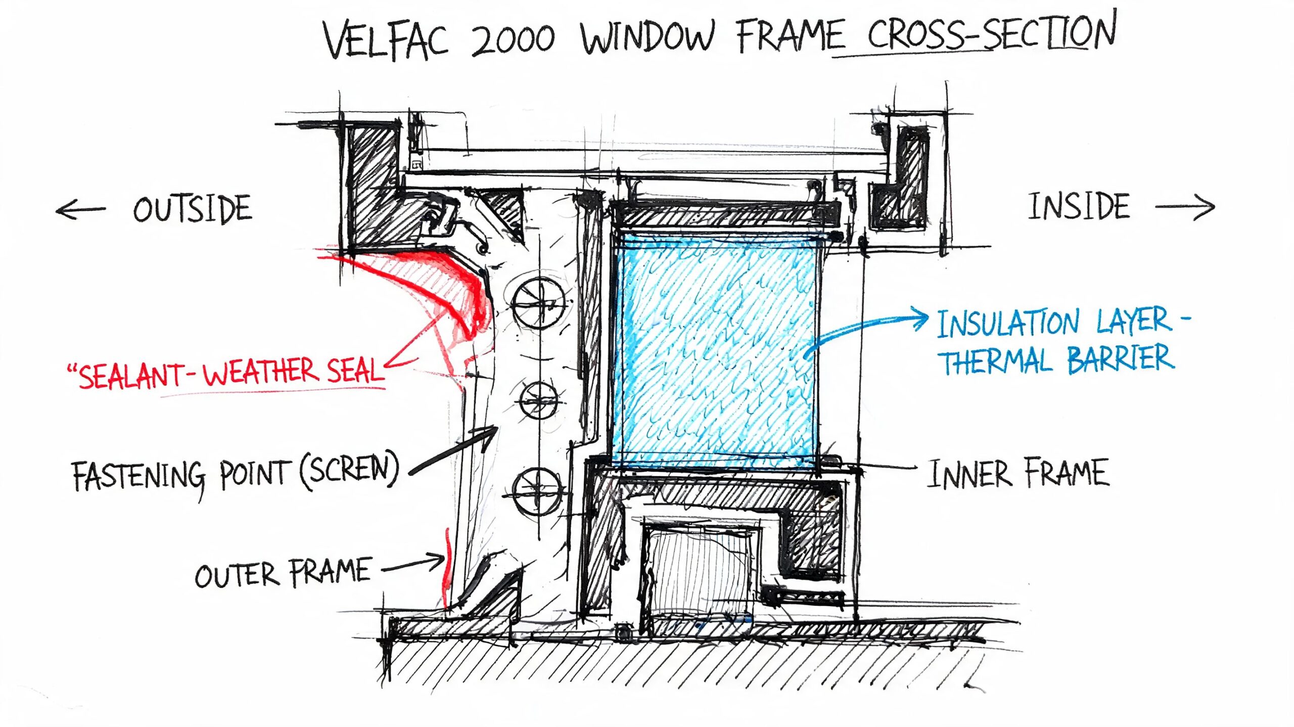 Tegning af et Velfac 2000 vinduesramme-tværsnit, der viser isolering, tætningslister og monteringspunkter i detaljer.