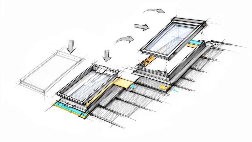 Diagram viser montering af Velux tagvindue med inddækning til tagpap i flere trin.