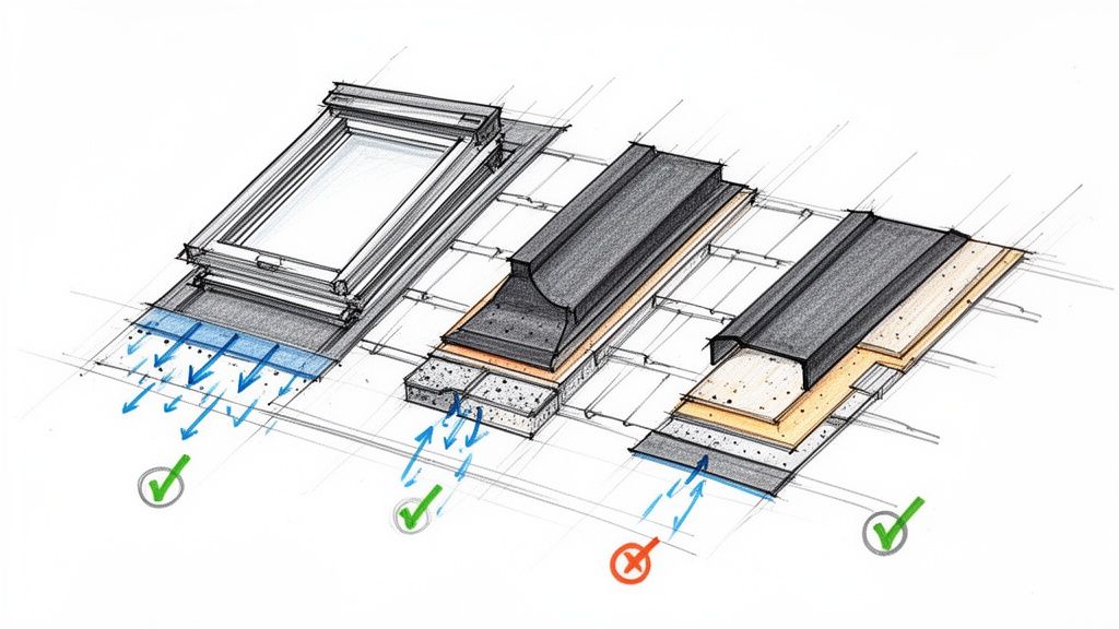 Illustration af tre forskellige tagvindues- og tagpapsinddækninger, der viser korrekt og forkert ventilation.