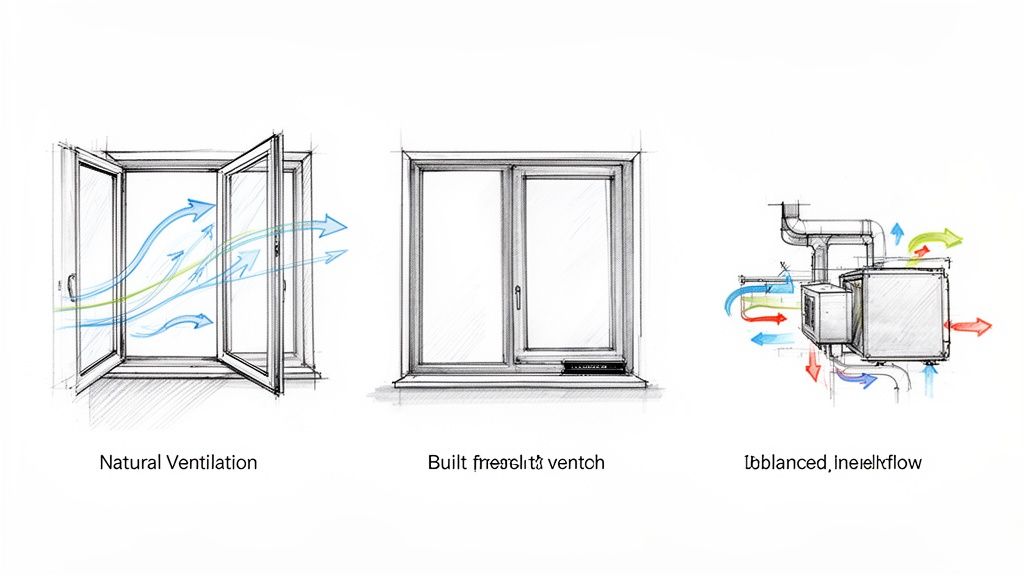 Skitser der viser naturlig vinduesventilation, indbygget ventil i vindue, og et balanceret mekanisk ventilationssystem.