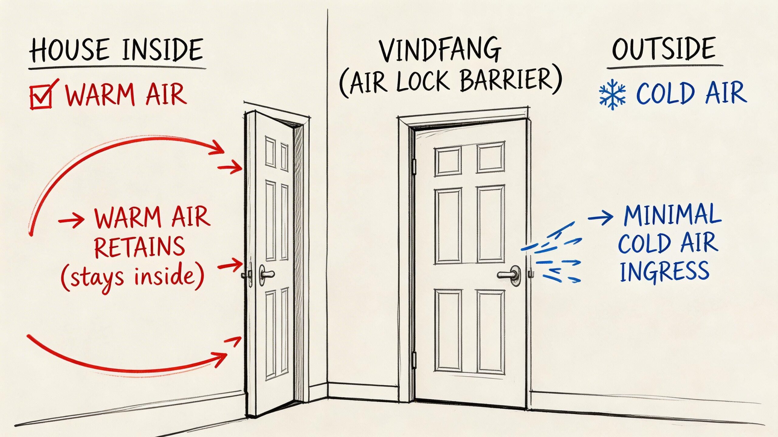 Illustration der viser, hvordan et vindfang fungerer som en luftsluse og holder på varmen indendørs.