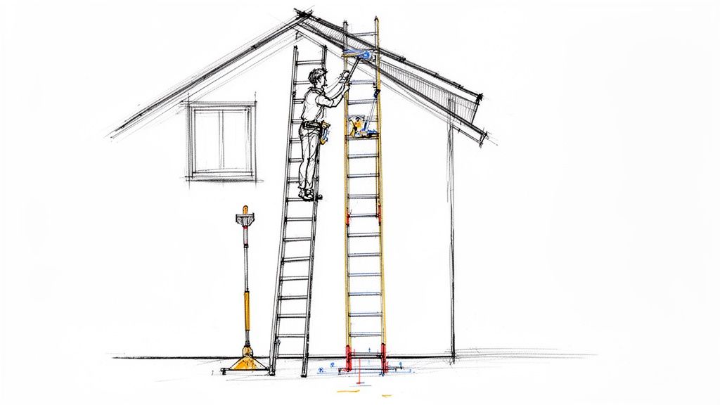 Illustration af en mand på stige, der vasker vinduer udendørs på et hus med sikkerhedsudstyr.