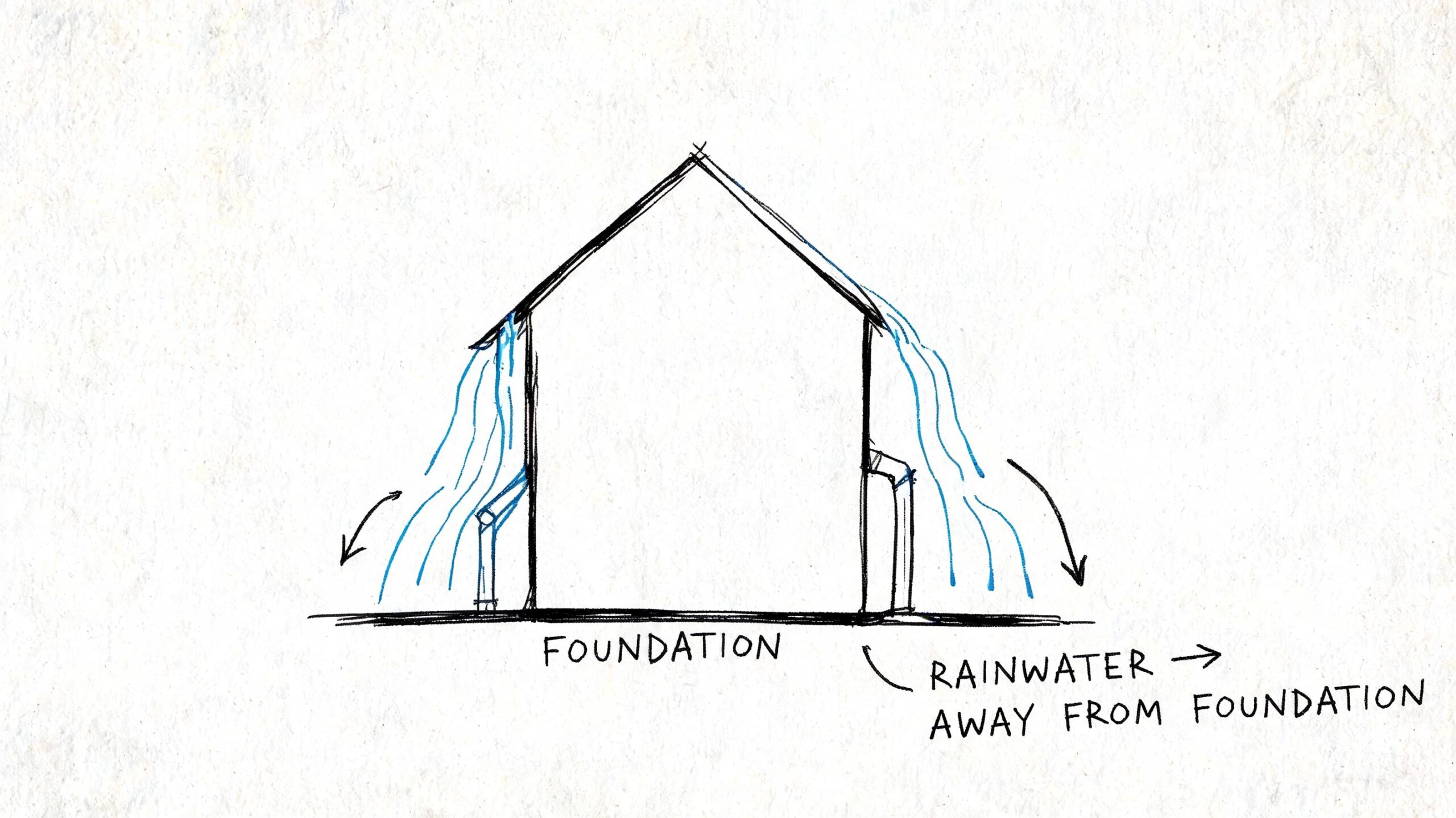 Illustration af tagrende-system, der leder regnvand væk fra husets fundament for at forebygge fugtskader og fundamentproblemer.