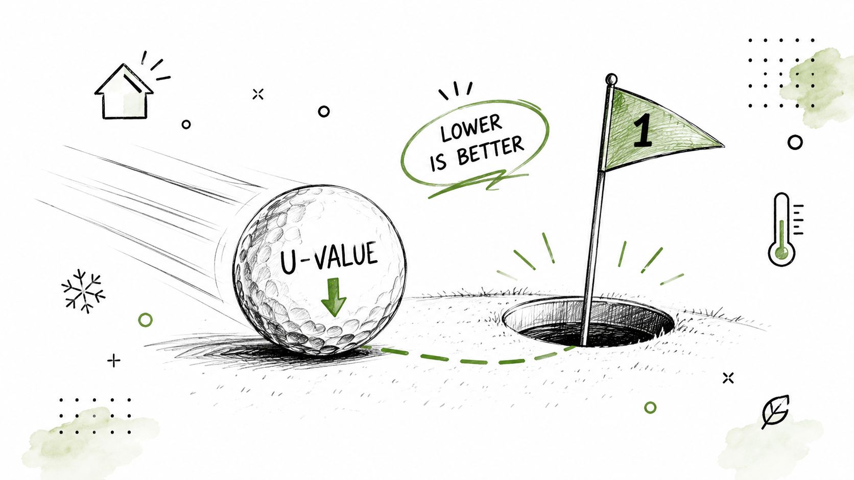 Golfbold med U-værdi illustreret, symboliserer energieffektive vinduer og døre.