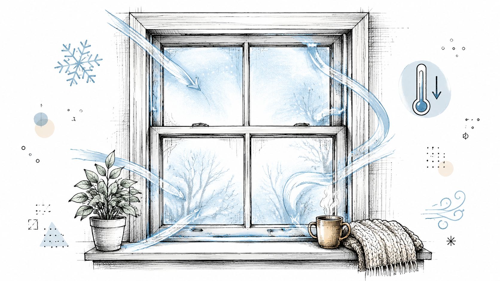 En illustration af et vindue med vintervejr, et koldt termometer og en varm kop kaffe indendørs.