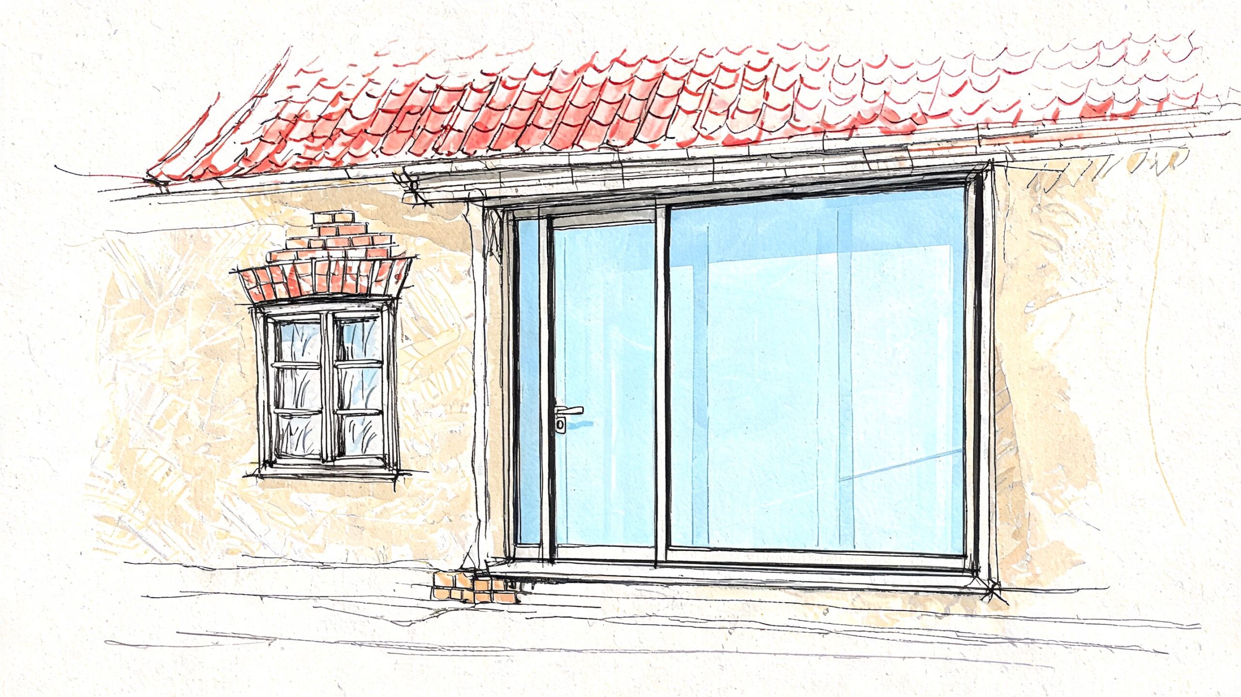 En arkitektonisk skitse af et hus med et klassisk lille vindue ved siden af et moderne glasparti med dør.