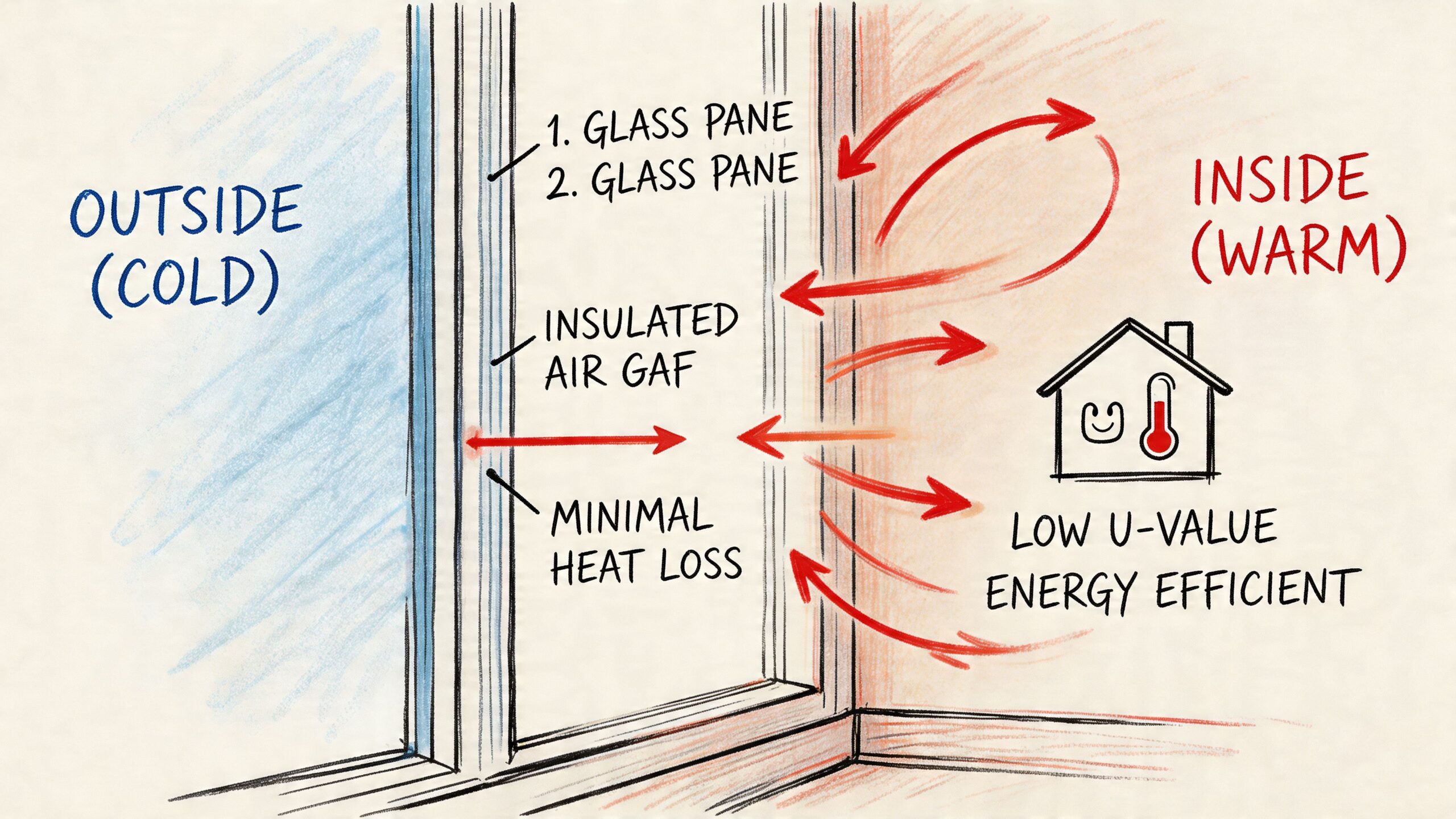 Illustration af et energieffektivt vindue med dobbelt glas, der minimerer varmetab fra boligen til det kolde udendørsmiljø.