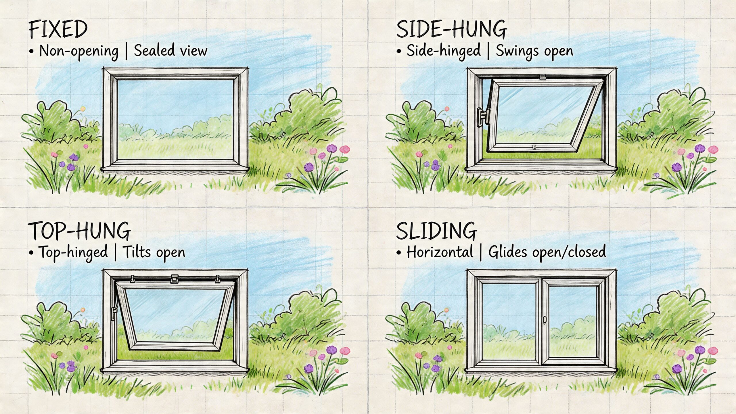 En illustration af fire forskellige typer vinduer, herunder faste, sidehængte, tophængte og skydbare vinduesmodeller.