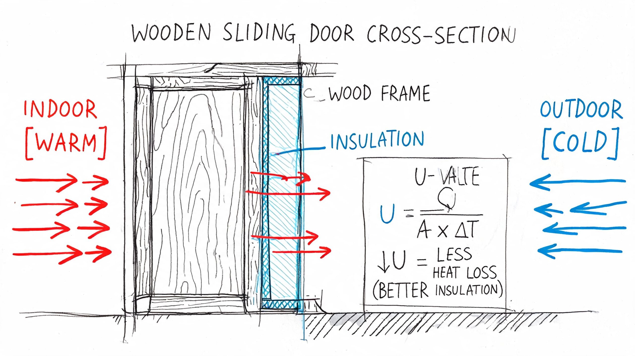 Illustration af træskydedør med isolering og træramme til udskiftning.