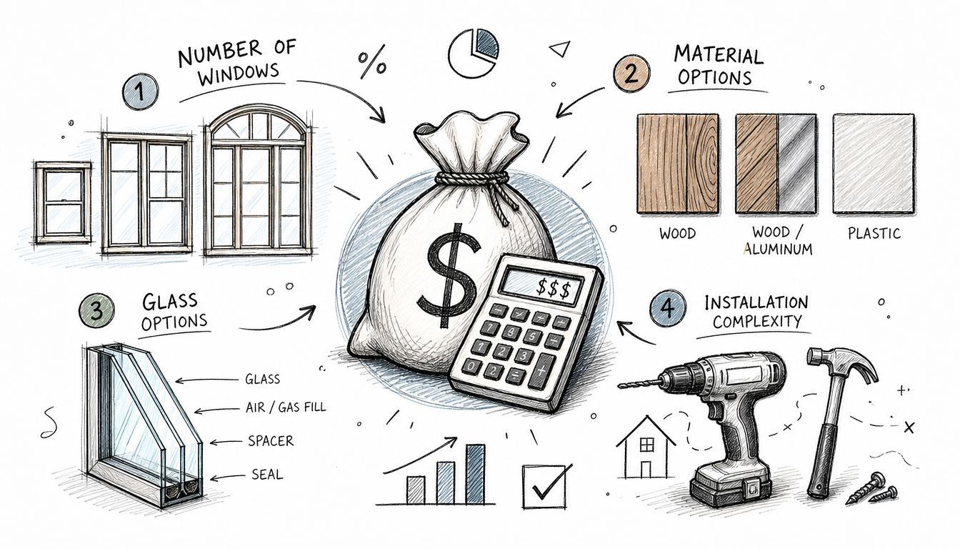 Illustration af faktorer der påvirker prisen på nye vinduer, inklusiv materiale, antal, glastype og installationskompleksitet.