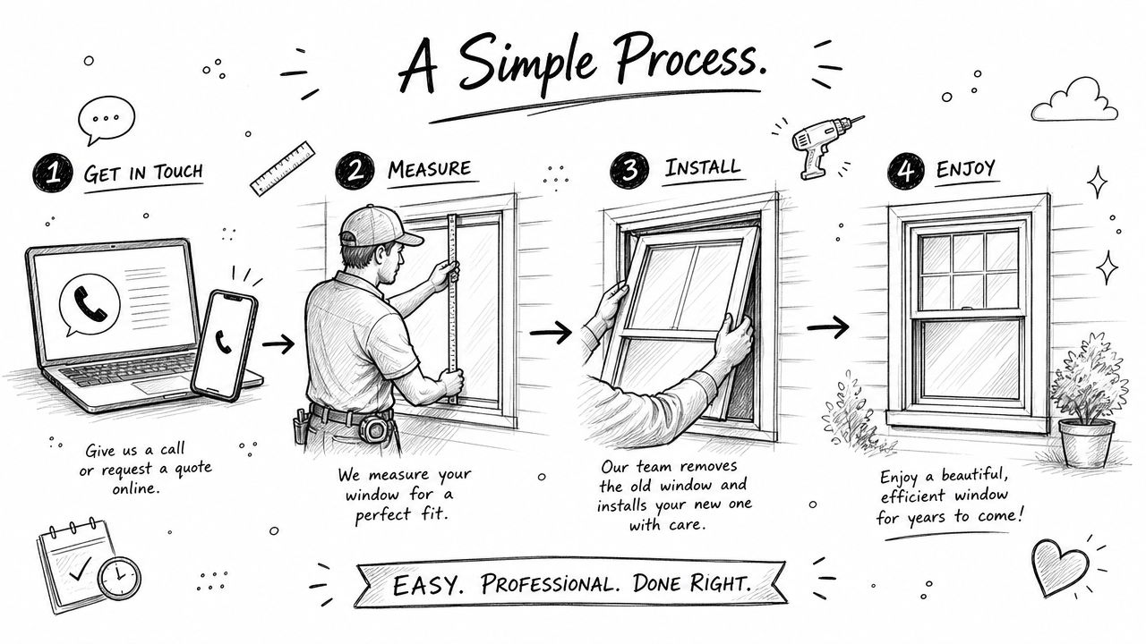 Illustration der viser en simpel fire-trins proces for professionel udskiftning og installation af nye vinduer i hjemmet.