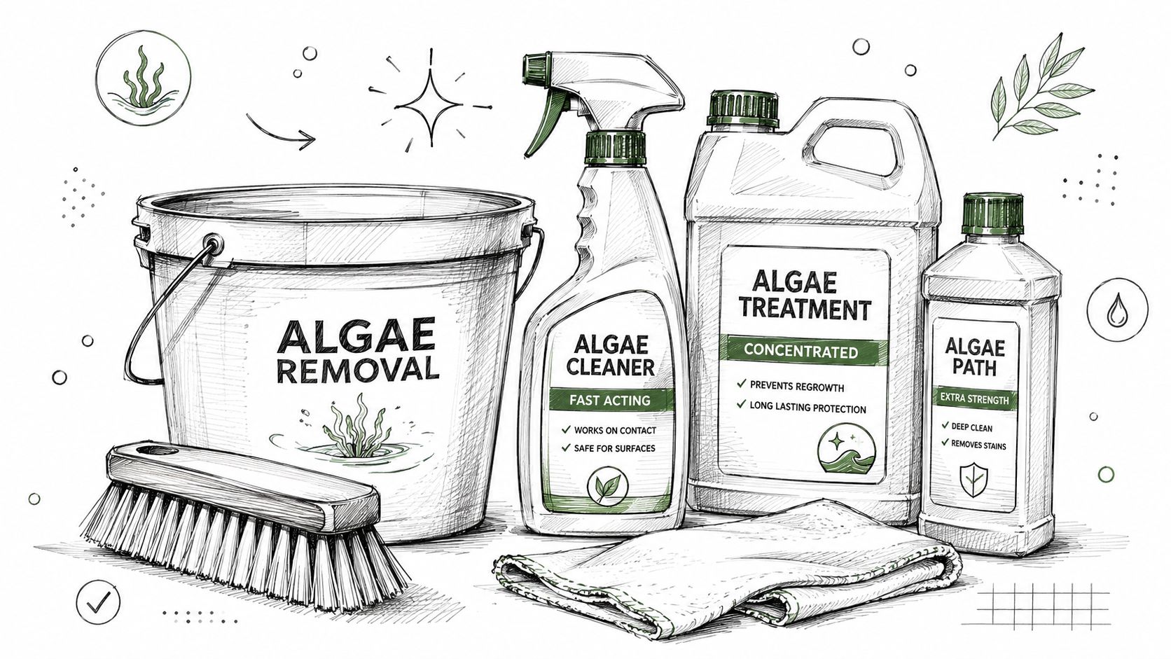 Illustration af rengøringsværktøj, spand og algefjerningsmidler til effektiv bekæmpelse af alger på overflader udendørs.