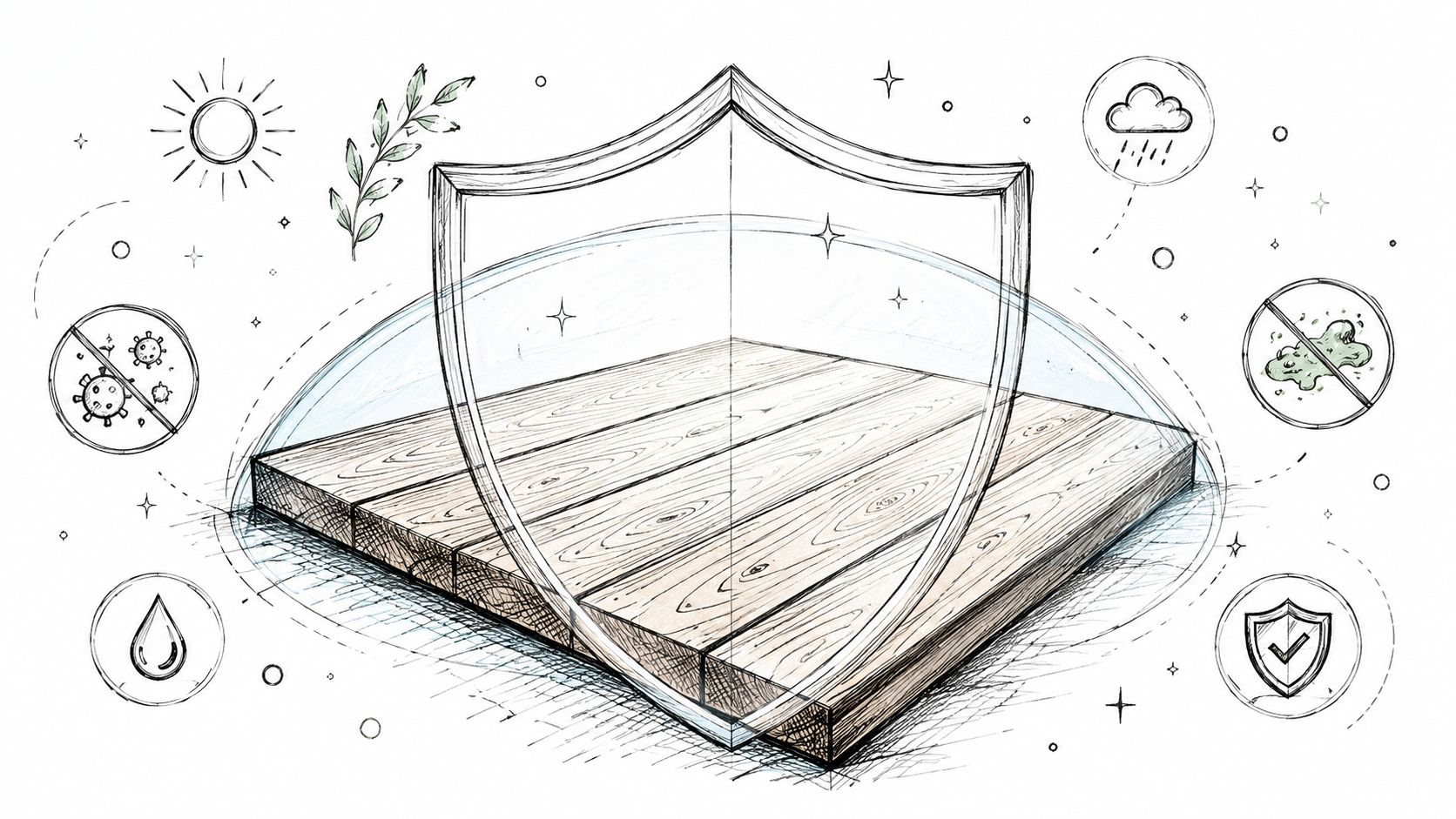 En illustration af en beskyttende barriere over et trædæk, der symboliserer beskyttelse mod alger, fugt og vejr.
