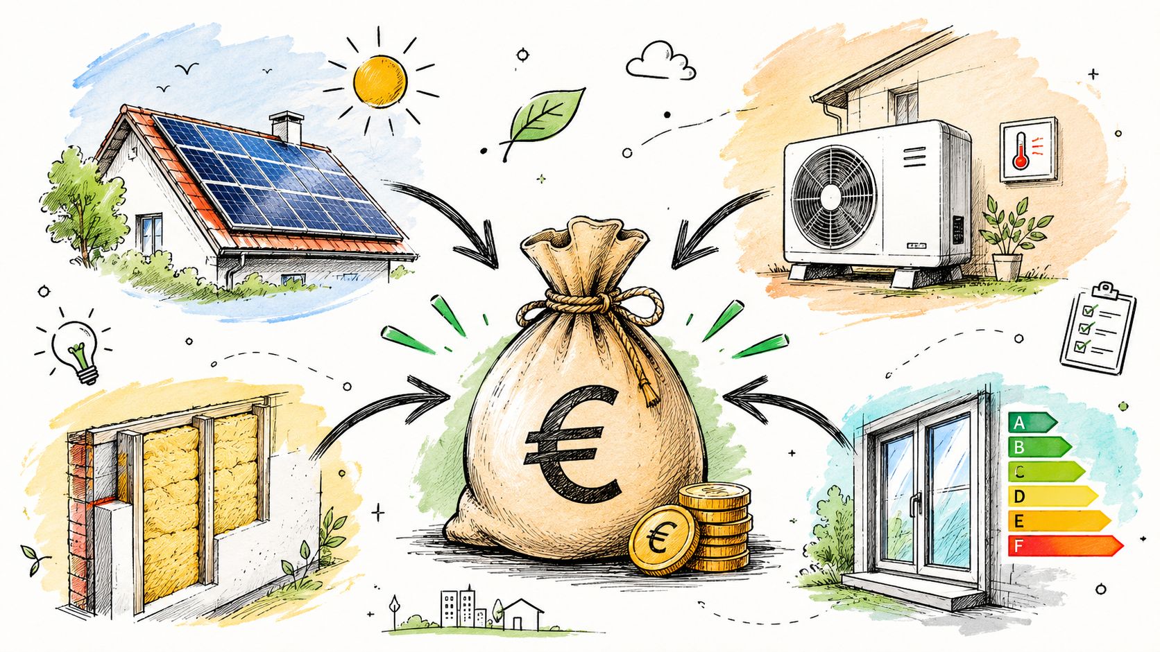 Illustration af energirenovering i hjemmet, der kan føre til økonomisk besparelse og energitilskud for boligejere.