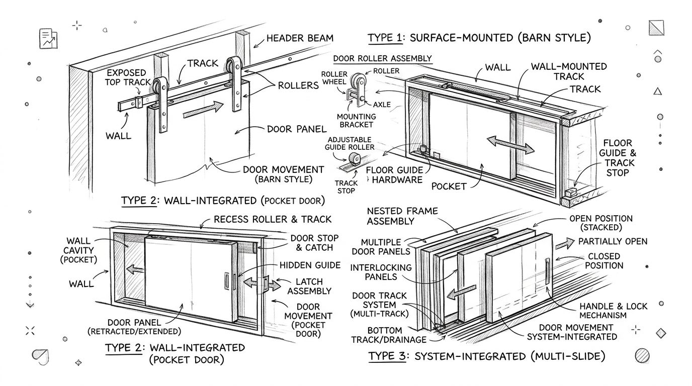 Illustration der viser tre forskellige typer skydedøre, herunder barn style, pocket-døre og system-integrerede multi-slide døre.