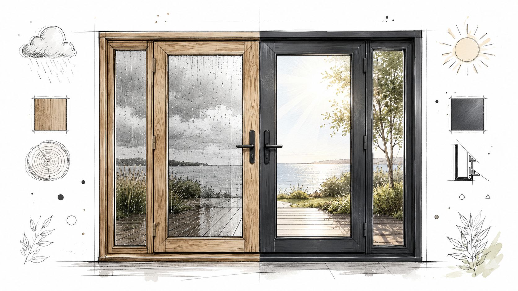 En sammenligning af en dobbelt terrassedør med sideparti i træ kontra en moderne mørk model.