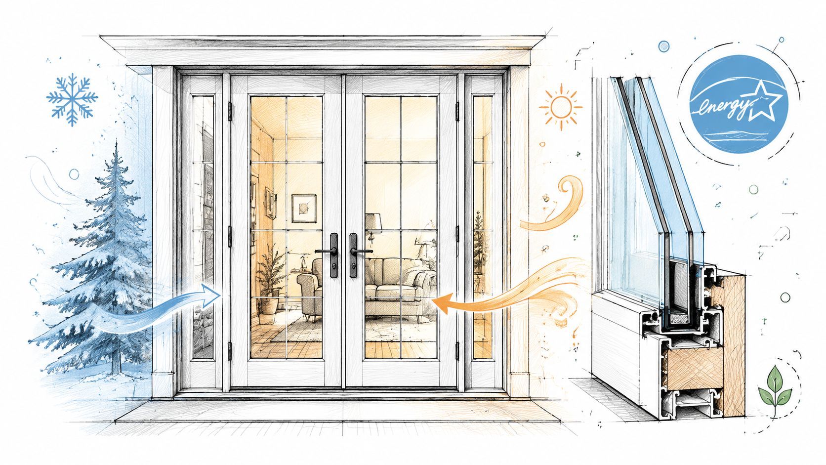 Illustration af dobbelt terrassedør med sideparti og energieffektivt glas, der beskytter boligen mod kulde og varme.