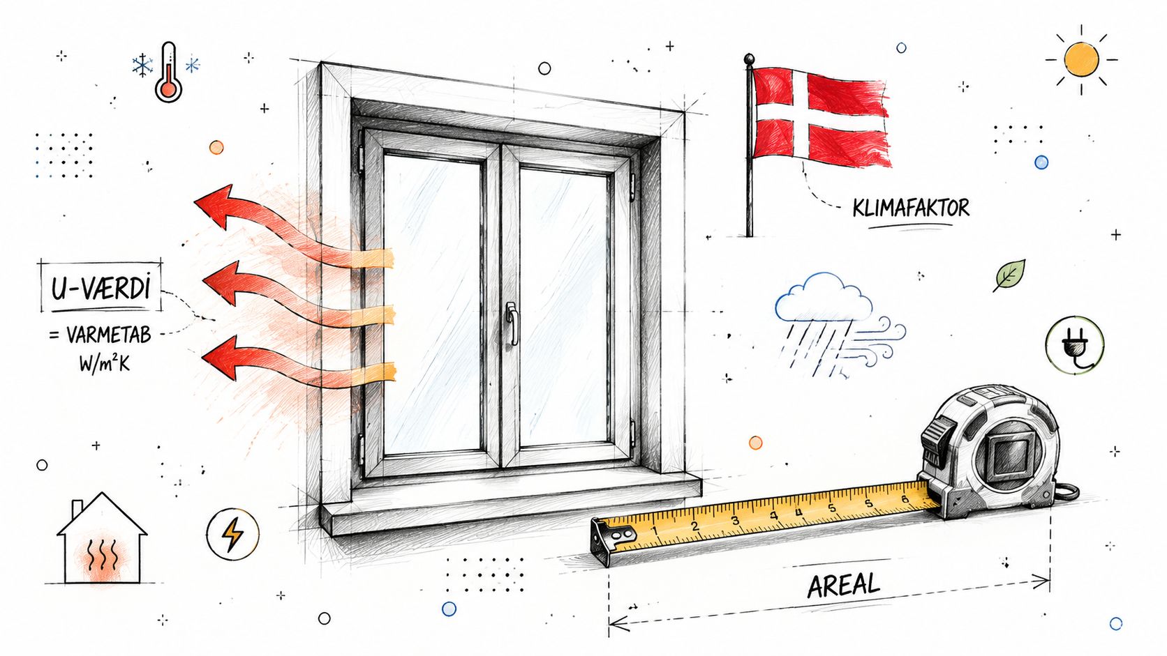 Illustration der forklarer sammenhængen mellem U-værdi, varmetab, vinduesareal og det danske klima for energibesparelser i hjemmet.