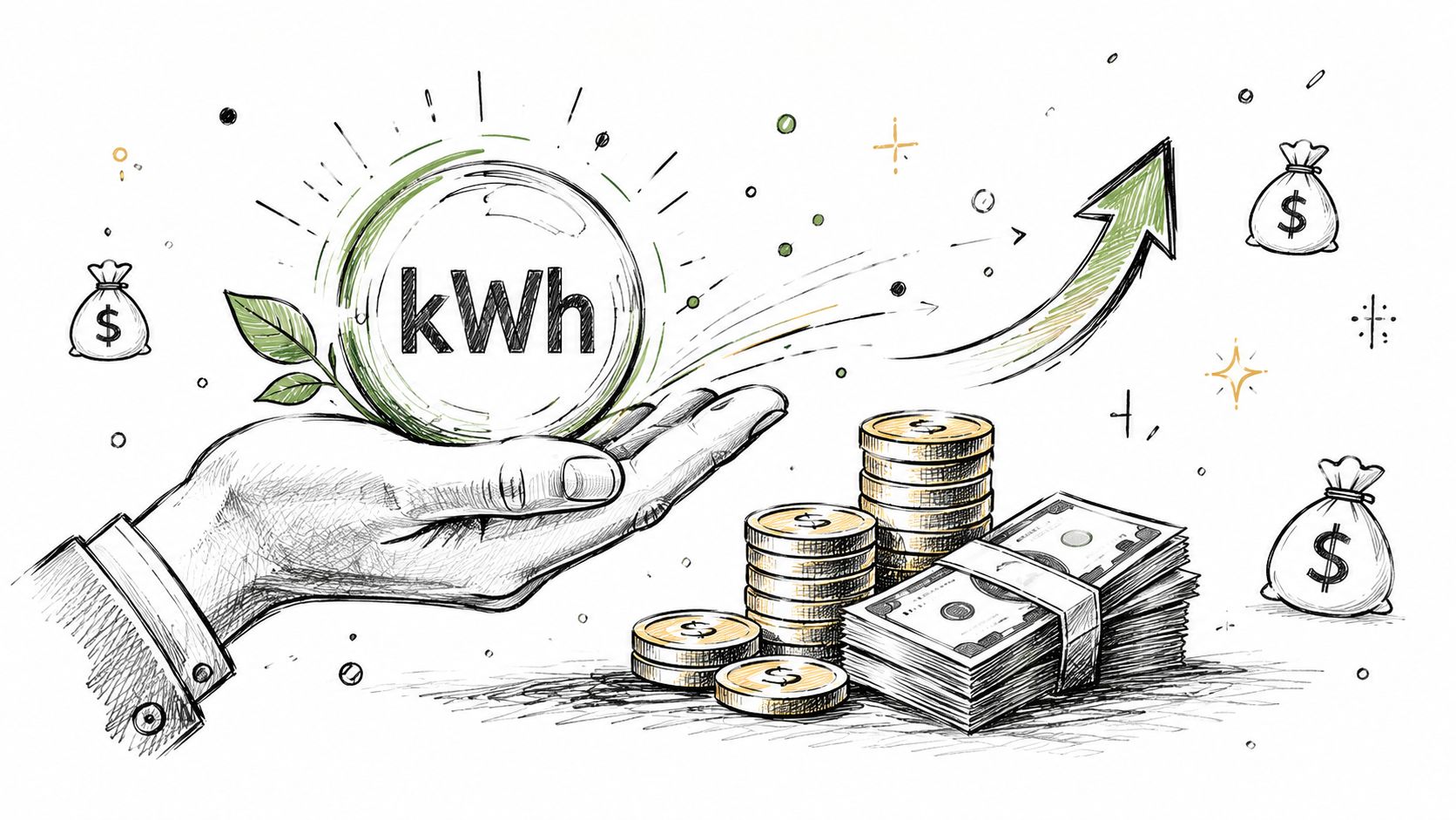 En hånd holder et kWh-symbol ved siden af en stabel mønter og en opadgående graf med pengeposer.