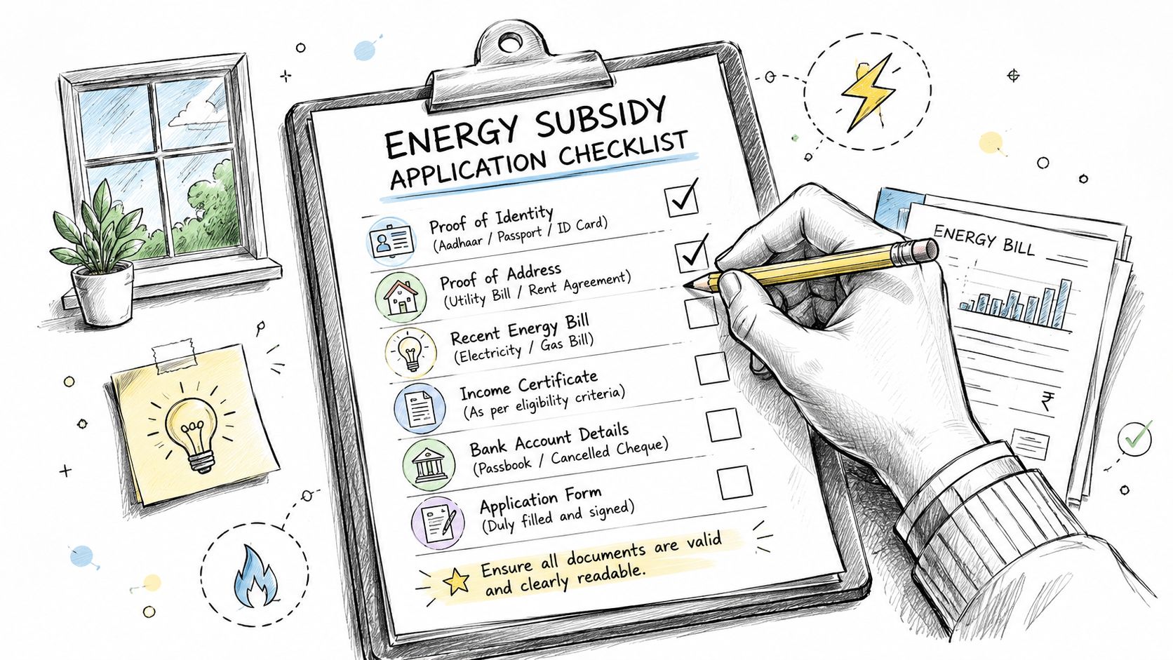 En hånd der udfylder en tjekliste til ansøgning om energitilskud med nødvendige dokumenter vist på papiret.