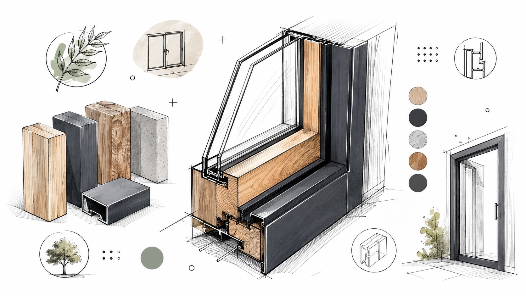 En detaljeret teknisk illustration af en moderne yderdør med glas, der viser konstruktion, materialer og designprofiler.