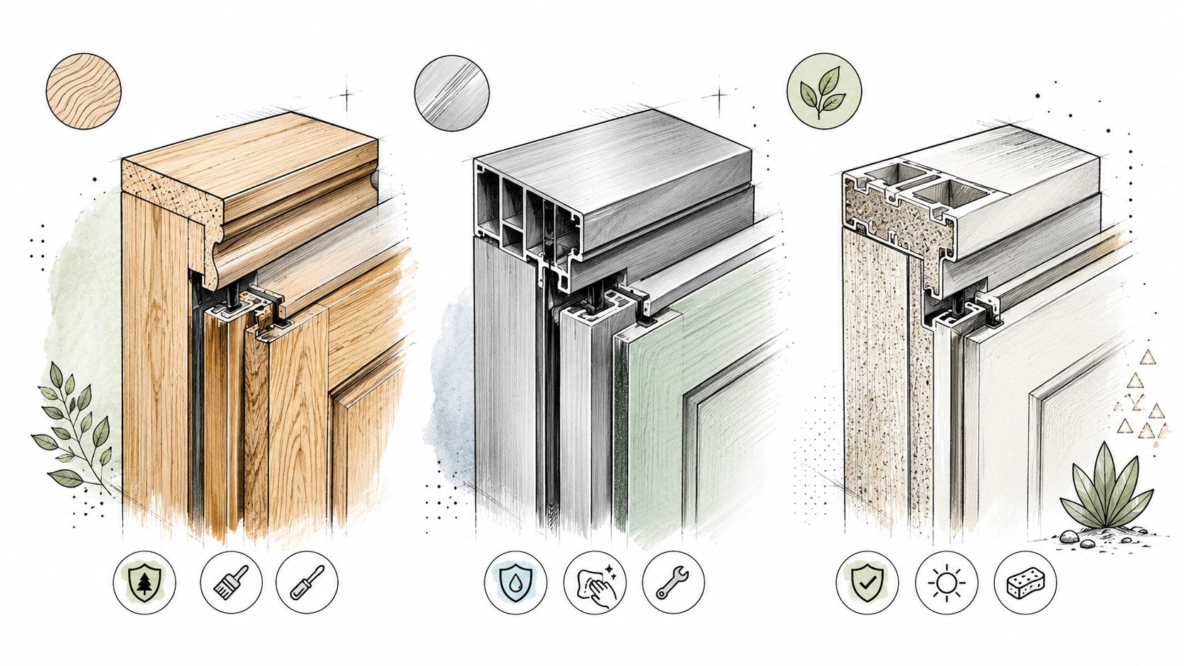 Tegning af tre forskellige dørprofiltyper i træ, metal og kompositmaterialer til illustration af yderdøre med glas