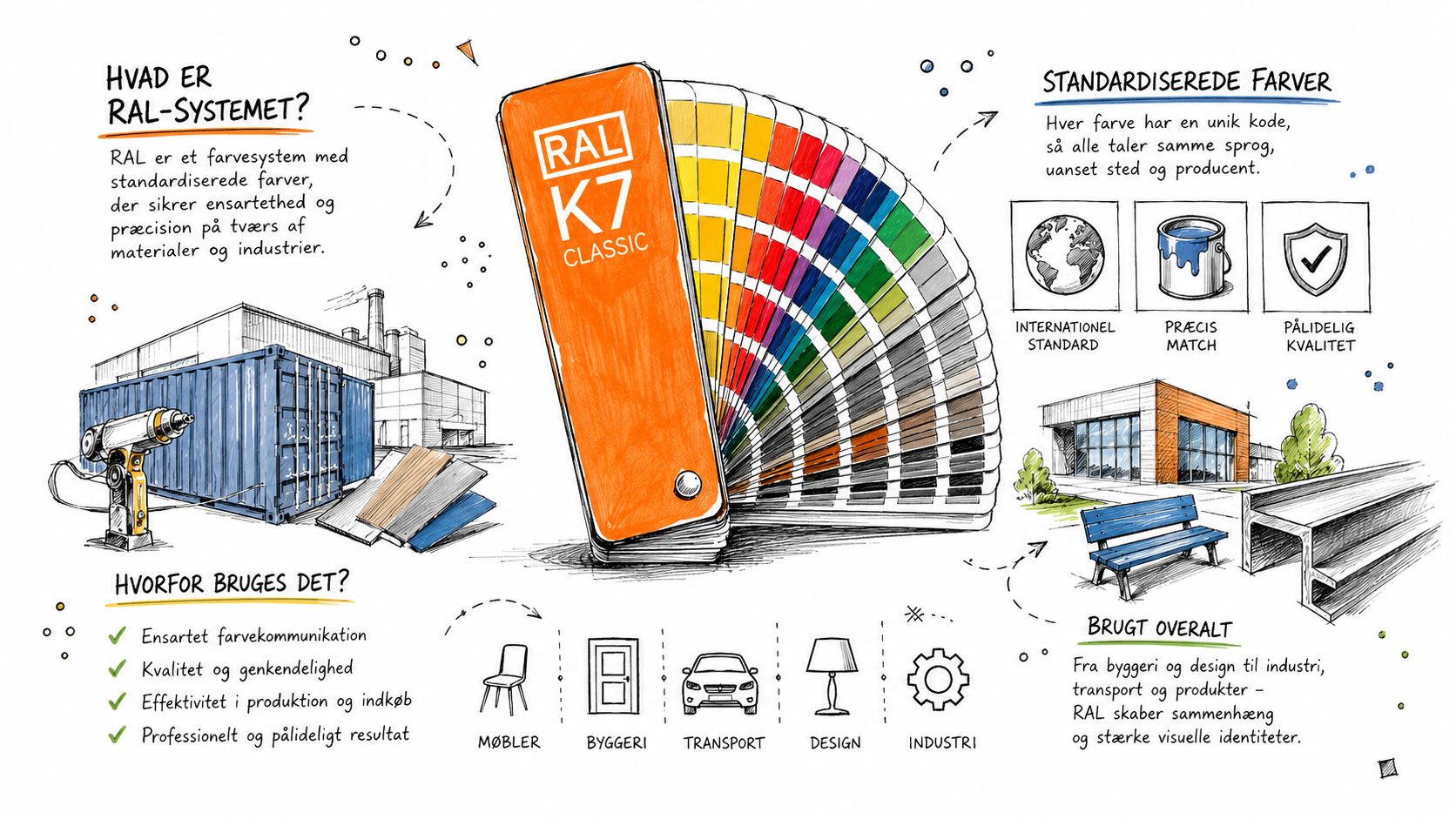 En illustreret infografik der forklarer RAL K7 farvesystemets funktioner, standardiserede farvekoder og anvendelse i forskellige brancher.