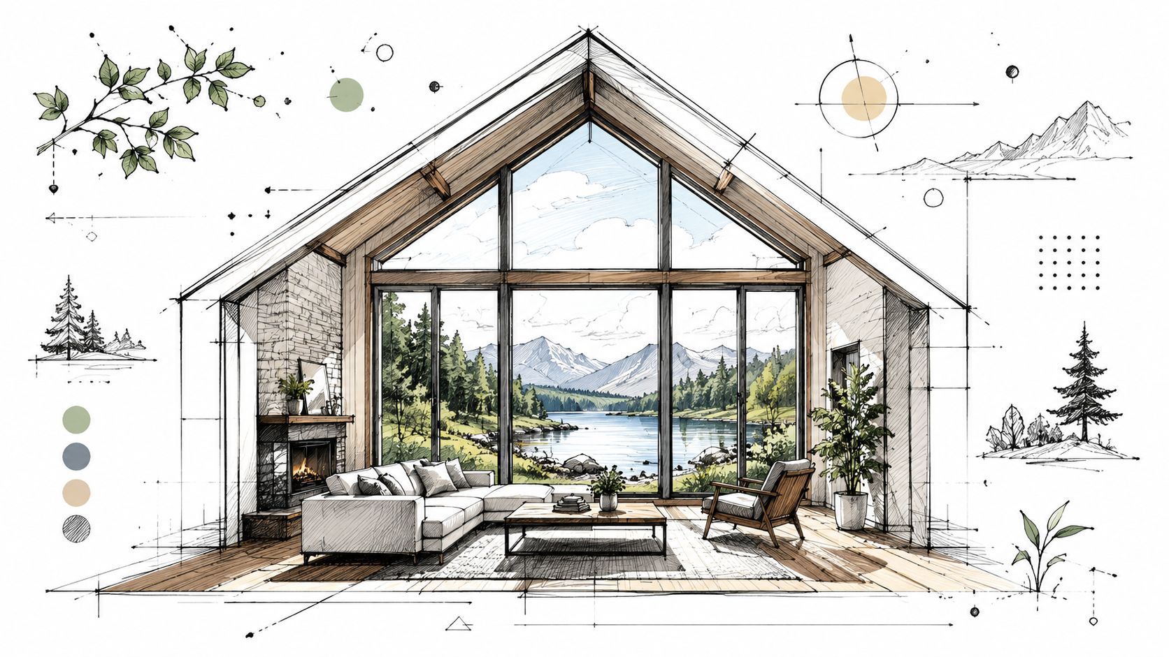 En smuk arkitektonisk skitse af en moderne stue med store vinduer og udsigt over bjerge og sø.