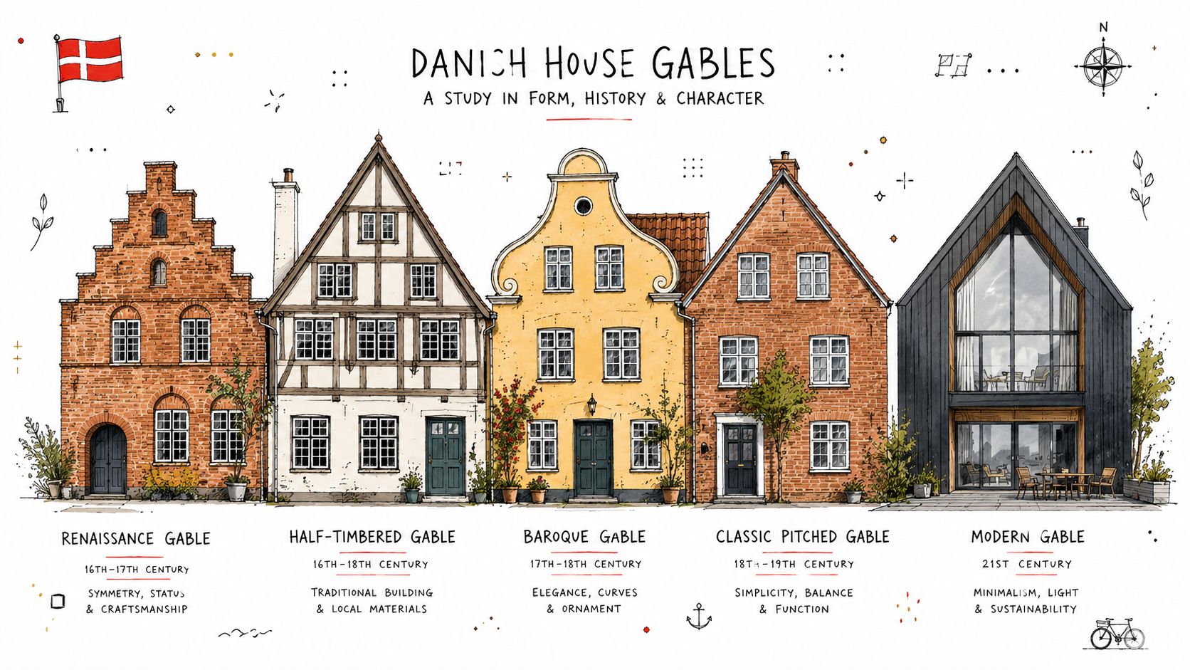 Illustration af forskellige typer danske hustag og gavle fra renæssancen til moderne tid med beskrivelser.