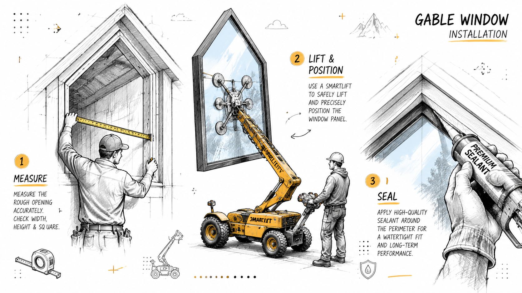 Illustration der viser tre trin til installation af et gavlvindue, herunder måling, løft og tætning.