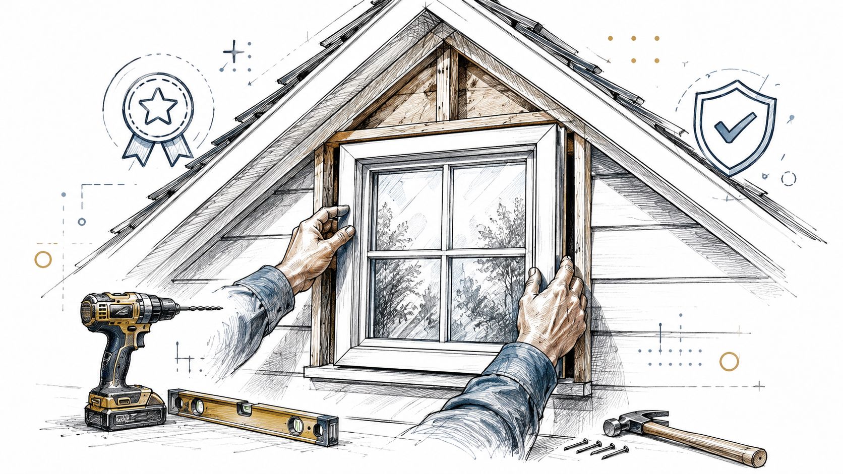 En håndværker installerer et nyt vindue i gavlen på et hus med professionelt værktøj til rådighed.