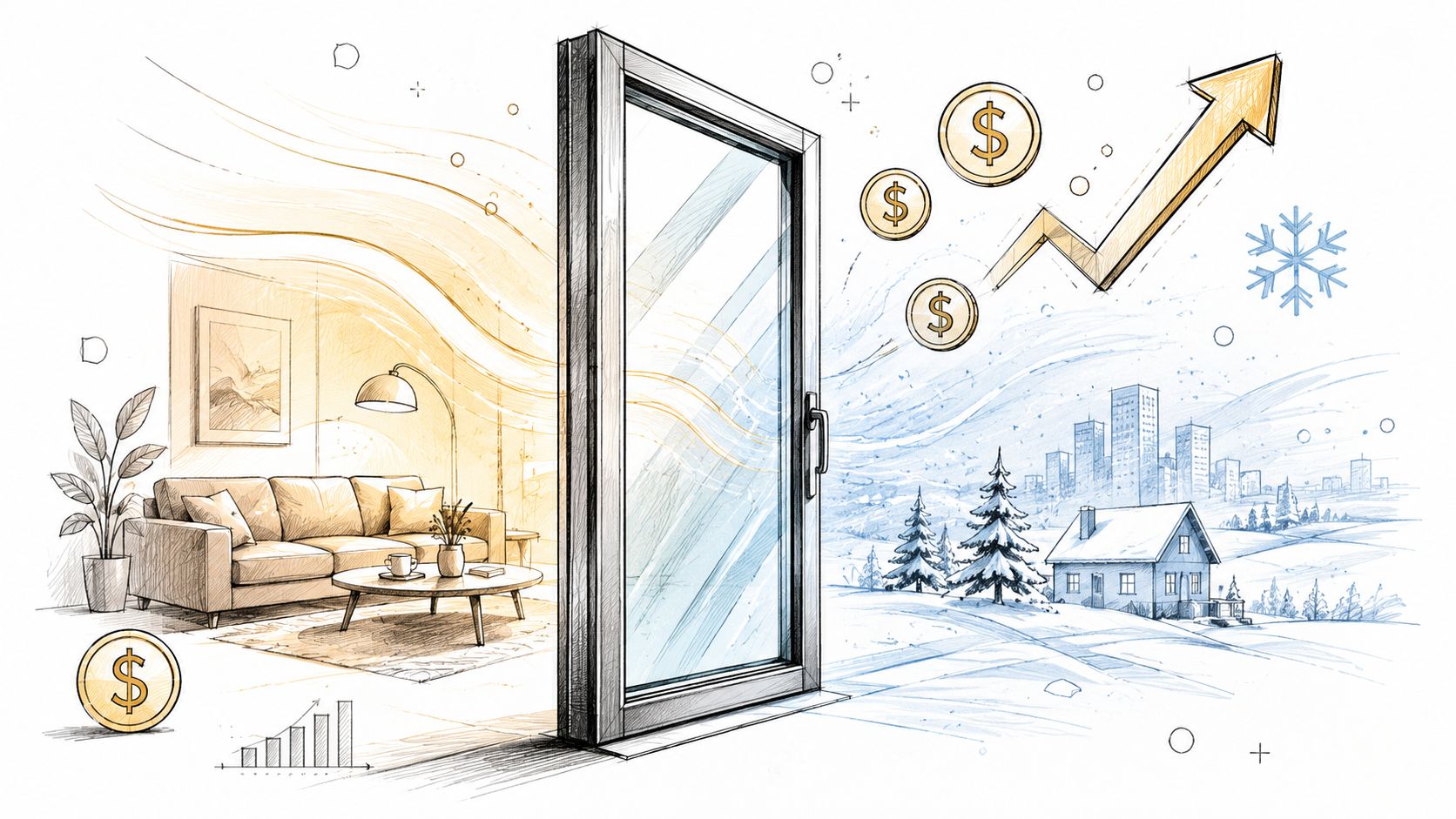 Illustration af en energieffektiv glasdør, der adskiller en varm stue fra et koldt, snefyldt vinterlandskab med stigende omkostninger.