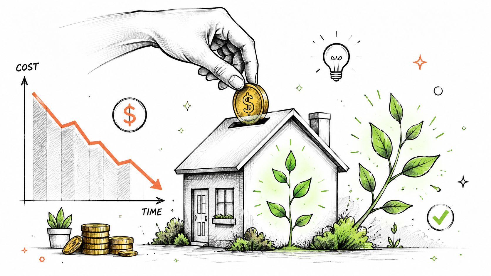 Illustration af en hånd, der sparer penge i et energieffektivt hus, hvilket viser reducerede omkostninger over tid.