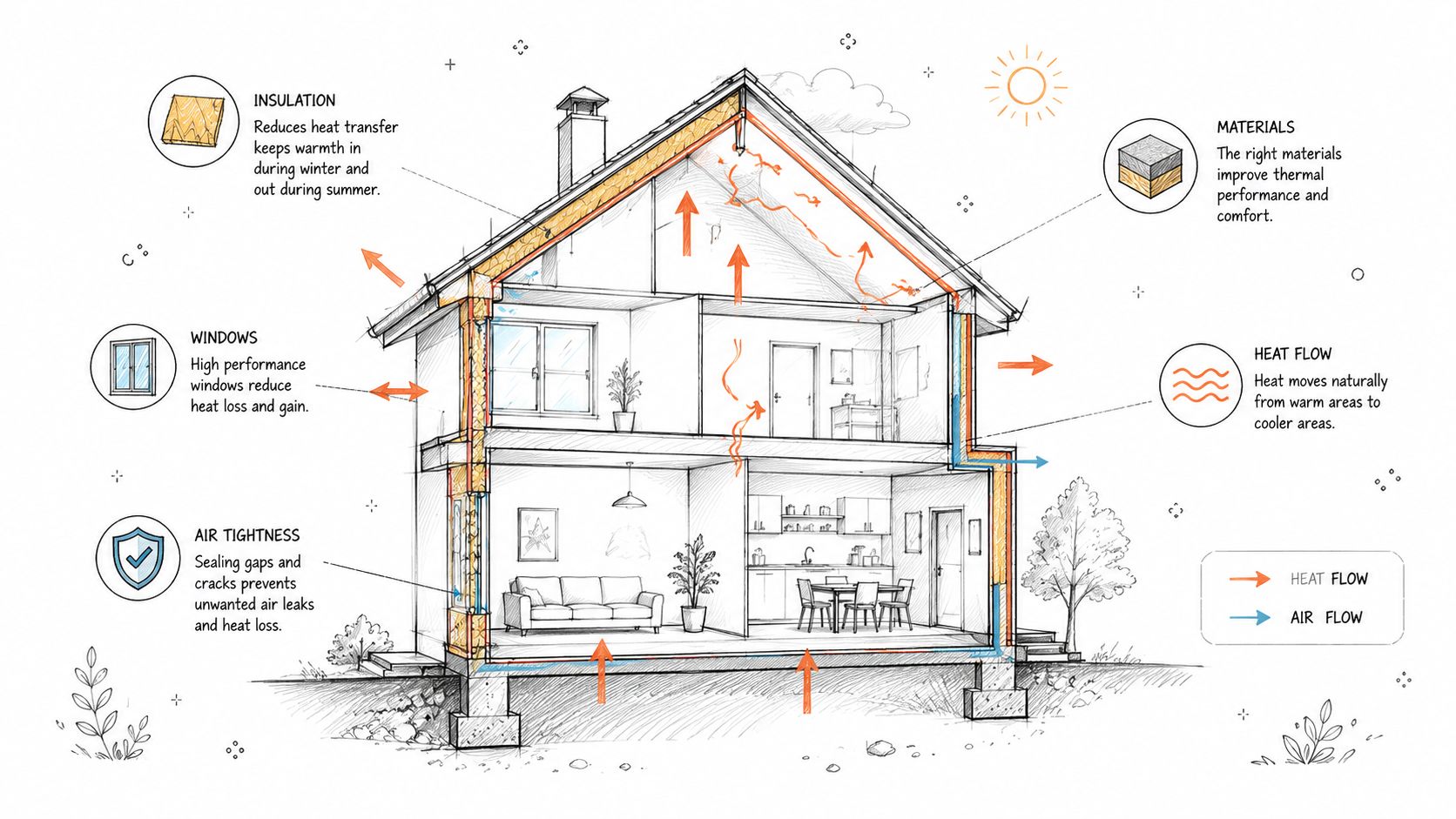 Illustration af et hus der viser hvordan varmeisolering og tætning mindsker varmetab og forbedrer boligens energieffektivitet.
