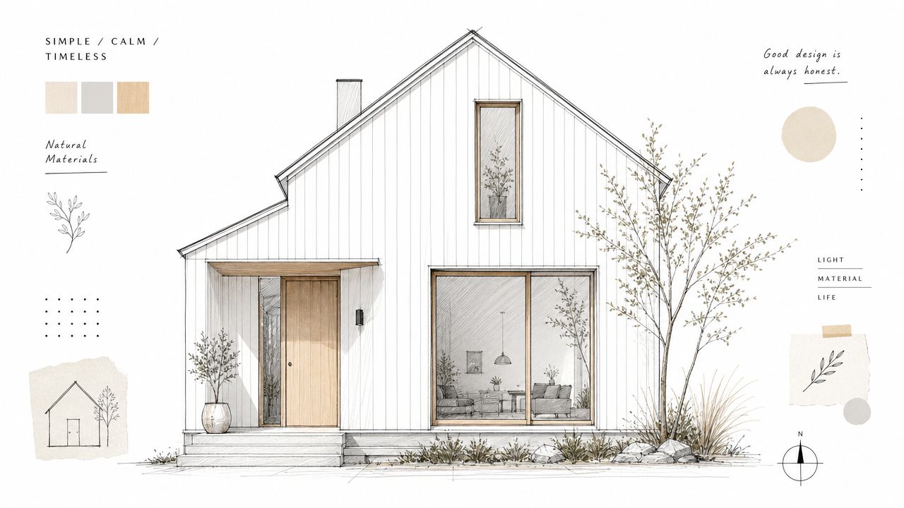En arkitektonisk skitse af et moderne, minimalistisk hus med trædetaljer, store vinduer og naturlige omgivelser.