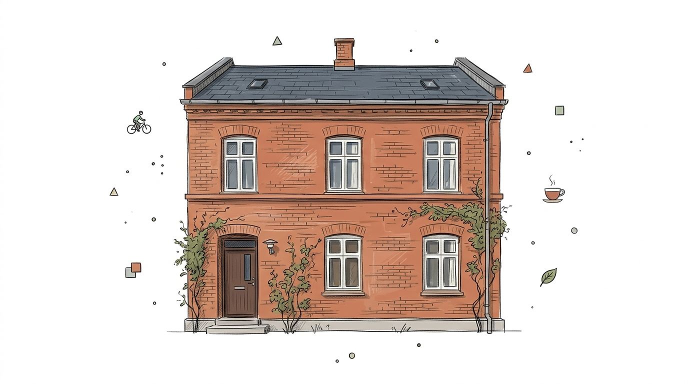 Illustration af en klassisk toetagers murstensvilla med klatreplanter, der giver inspiration til boligindretning og facadefarver.
